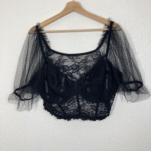 Corset Top Womens 3XL Black Lace Mesh Puff Sleeve Sheer Crop Bustier Lingerie